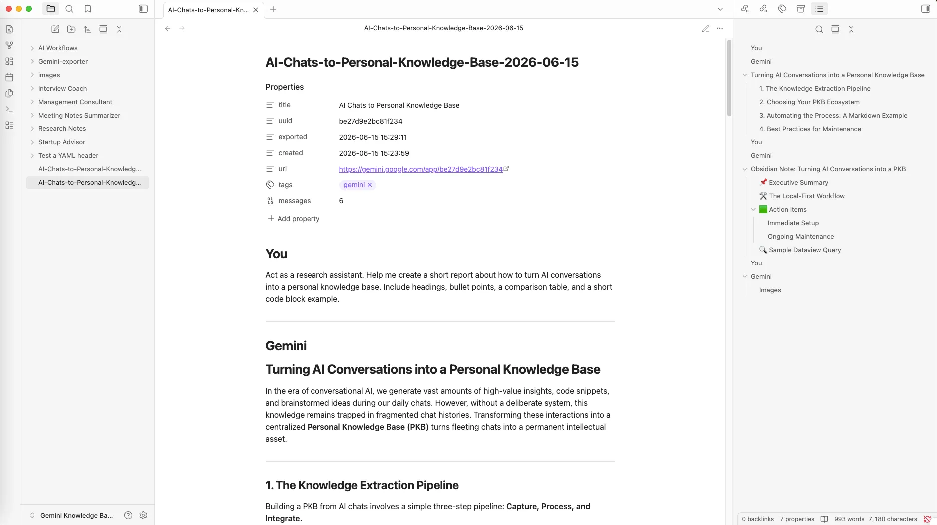 A Gemini conversation exported as a clean Markdown note inside Obsidian